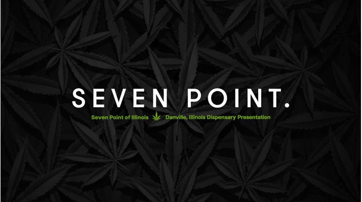 SEVEN POINT - Danville, Illinois investment deck slide - Seveb Point. logo with greyscale cannabis leaves in background