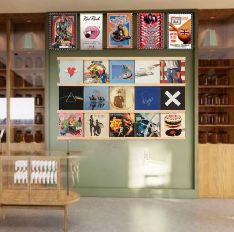 Virtual rendering of internal view the depicts a retail wall of Vinyl records for sale in a new Seven Point. location.